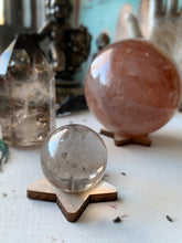 Load image into Gallery viewer, Clear Quartz Sphere w/ laser cut wood base included